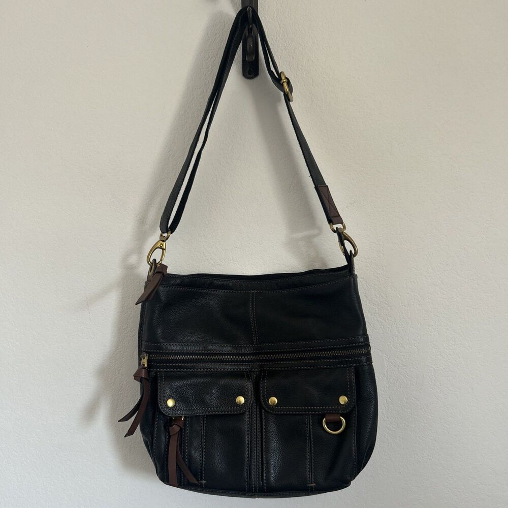 Fossil Morgan Messenger Bag Black Pebble Grain Leather Zip Closure Crossbody Lg